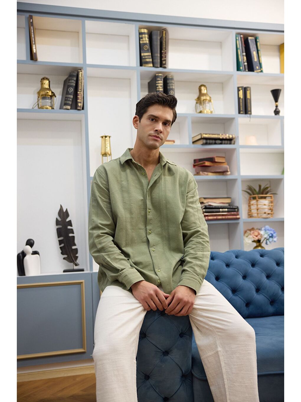 Yeşil Yuji Kendinden Desenli Keten Görünümlü Pamuk Oversize Erkek Gömlek-5