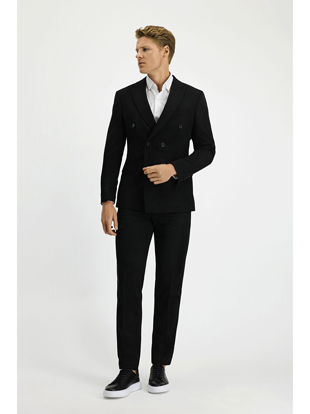 Siyah Slim Fit Dar Kesim Kruvaze Takım Elbise-1