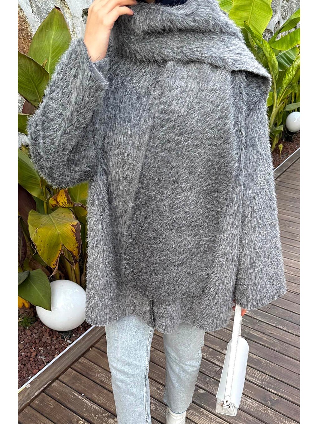 Pelüş Atkılı Mont Gri-2