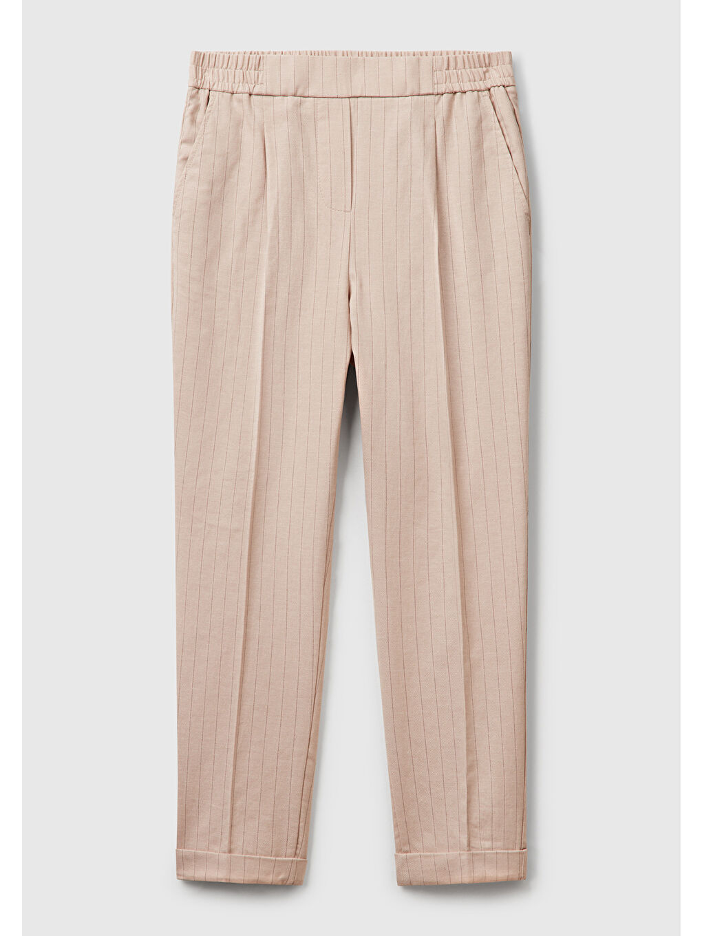 Kadın Bej Pamuk ve Keten Karışımlı İnce Çizgili Regular Fit Pantolon-1