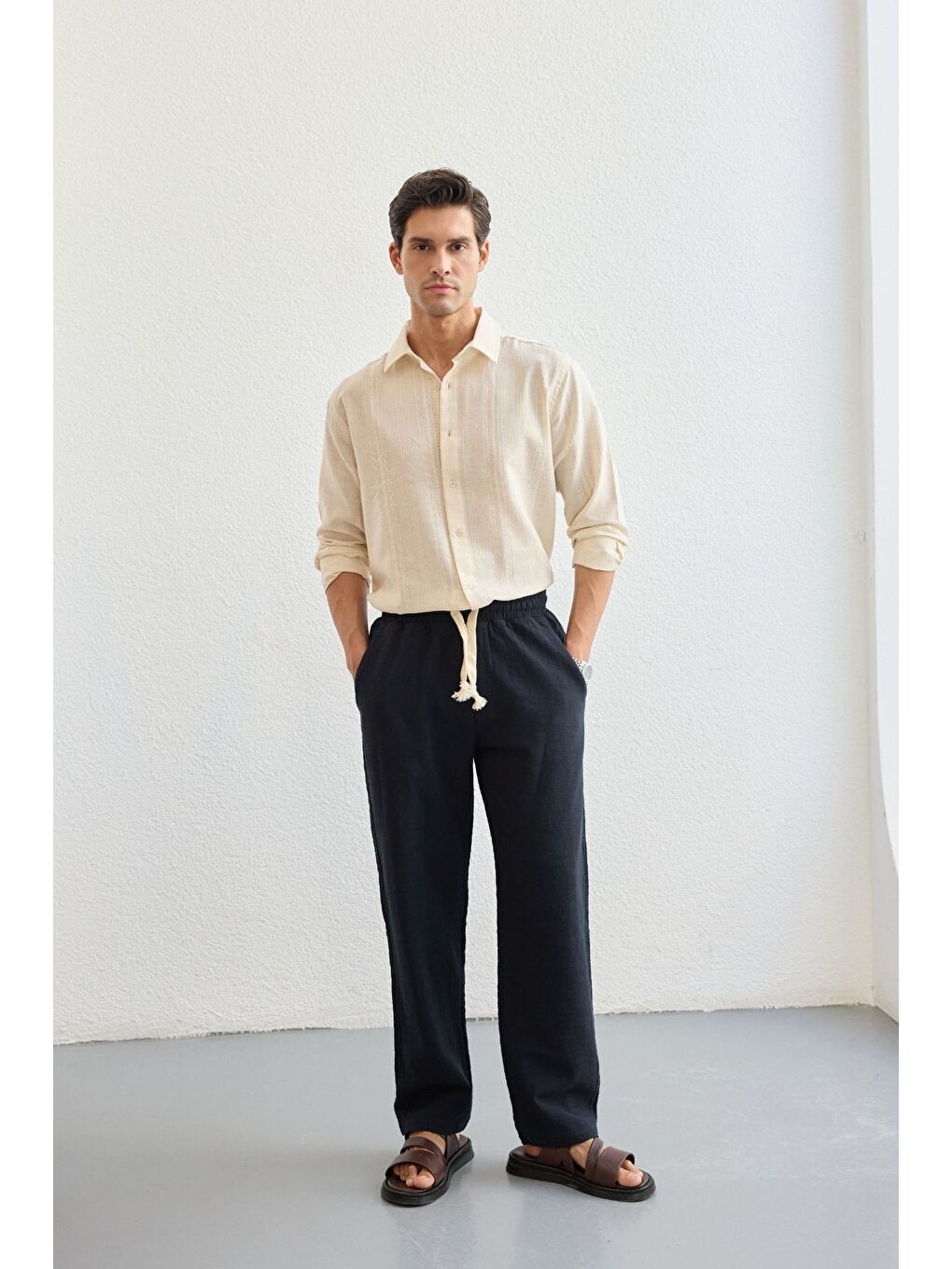 Lacivert Abay Erkek Keten İpli Baggy Pantolon-2