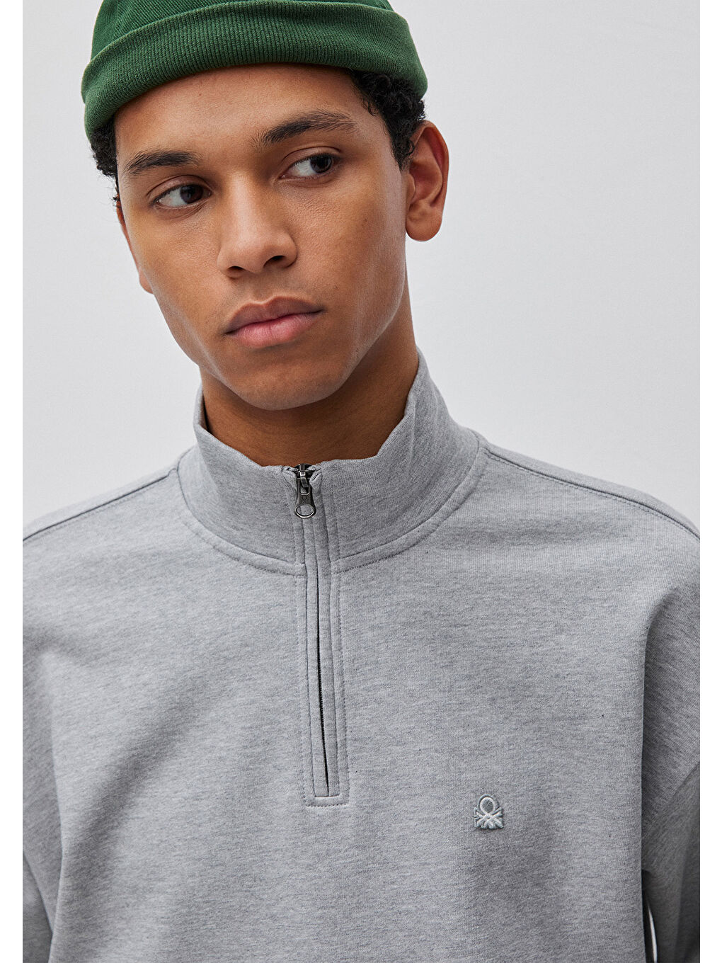 Erkek Gri Melanj  %100 Pamuk Logo Detaylı Fermuarlı Dik Yaka Sweatshirt-3