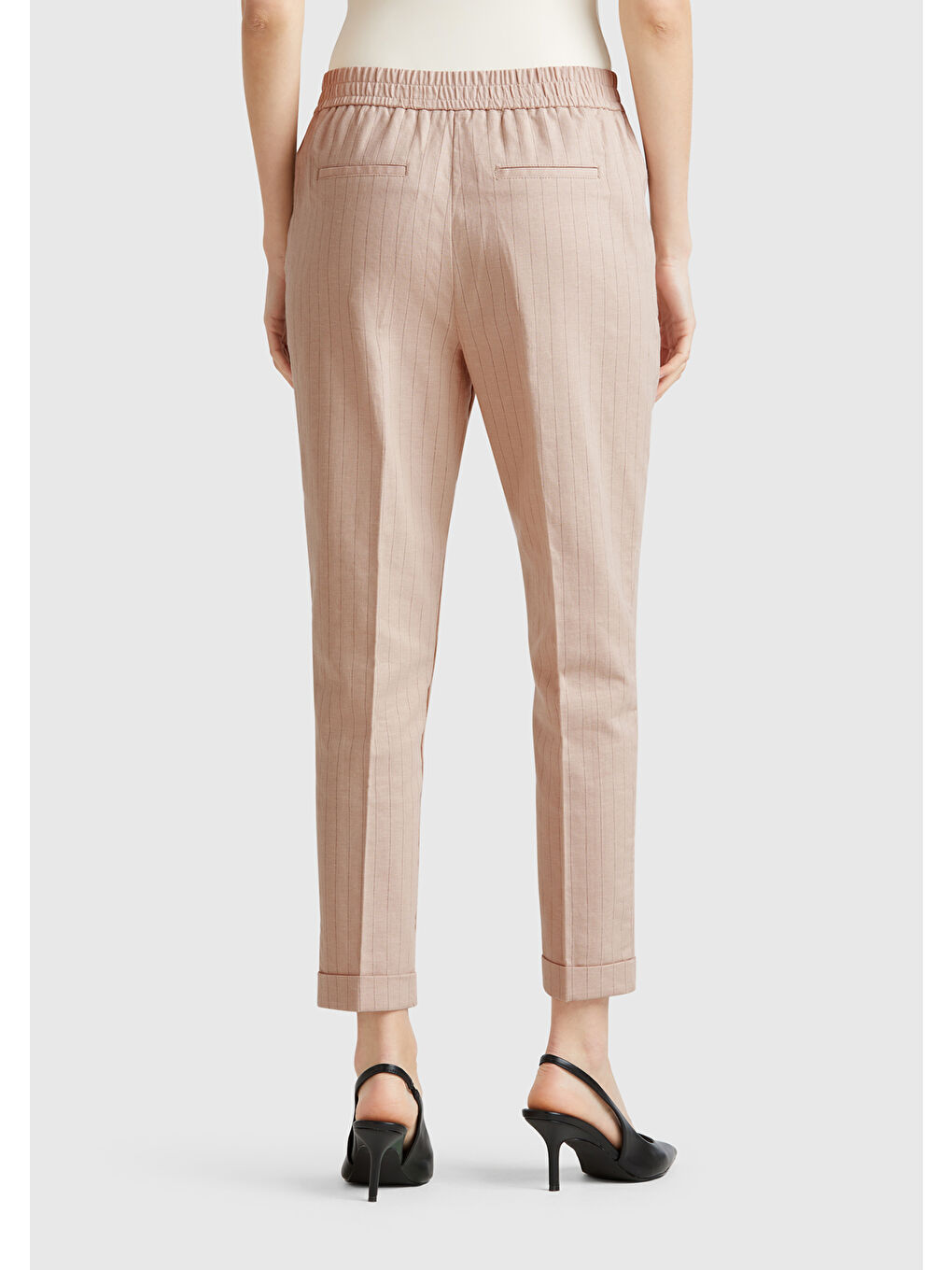 Kadın Bej Pamuk ve Keten Karışımlı İnce Çizgili Regular Fit Pantolon-2