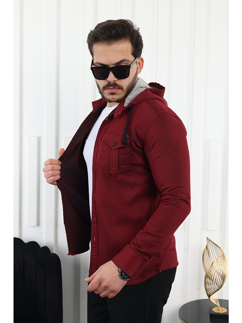 Bordo Erkek Slim Fit Dar Kalıp Kapüşonlu Jean Gömlek-1