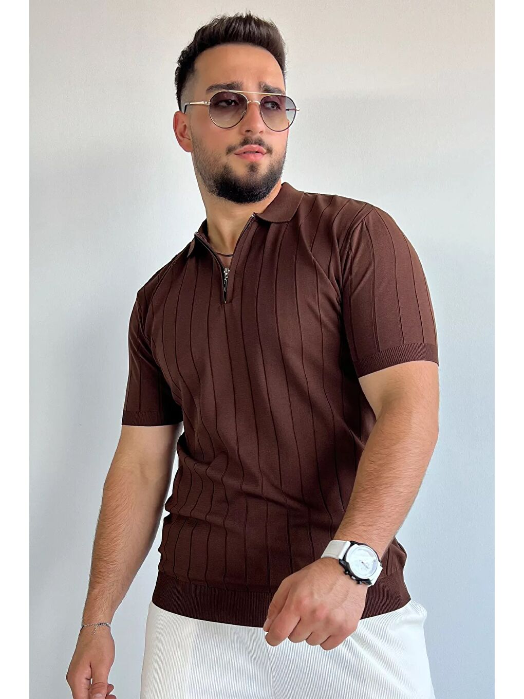 Kahverengi Polo Yaka Yarım Fermuarlı Erkek Triko Tişört