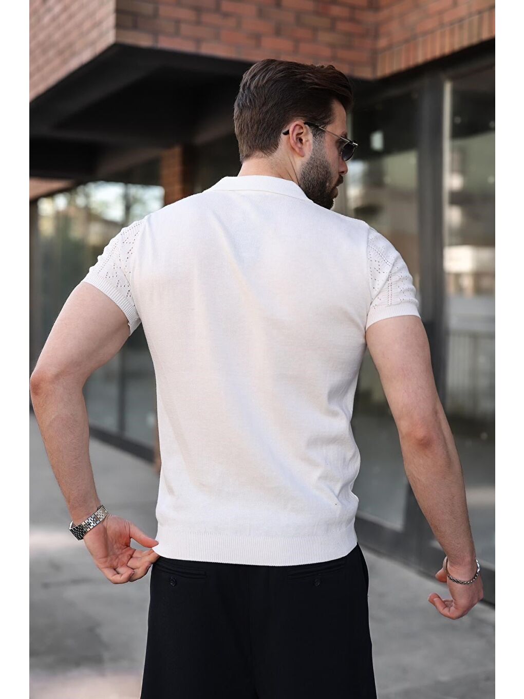 Beyaz Delikli Polo Yaka Erkek Triko Tişört E7495-3