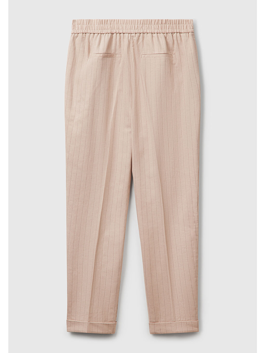 Kadın Bej Pamuk ve Keten Karışımlı İnce Çizgili Regular Fit Pantolon-3