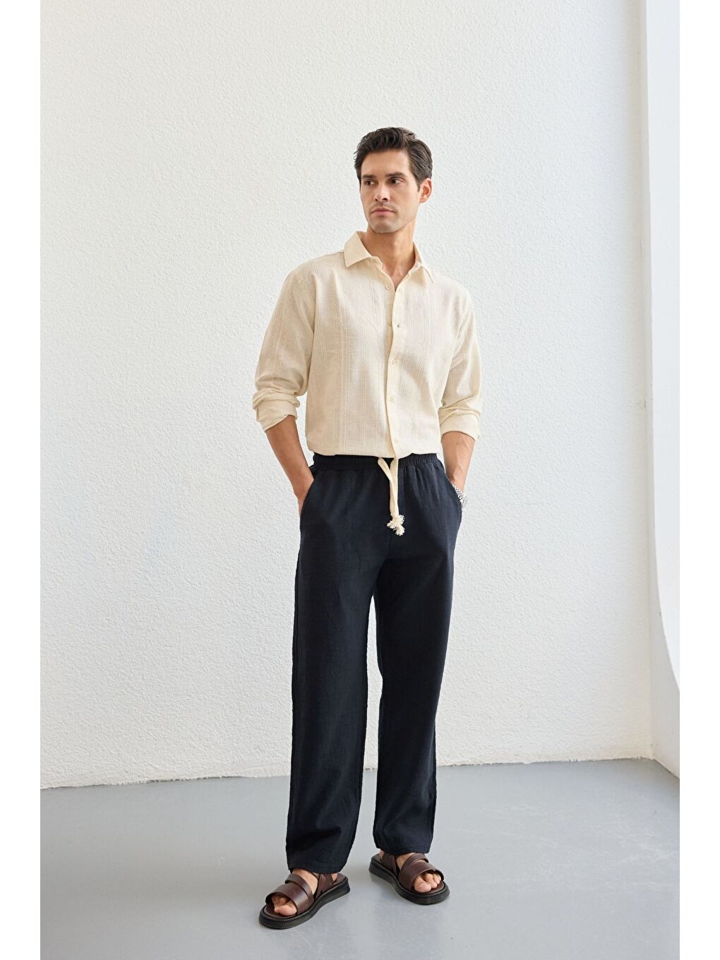 Lacivert Abay Erkek Keten İpli Baggy Pantolon-3