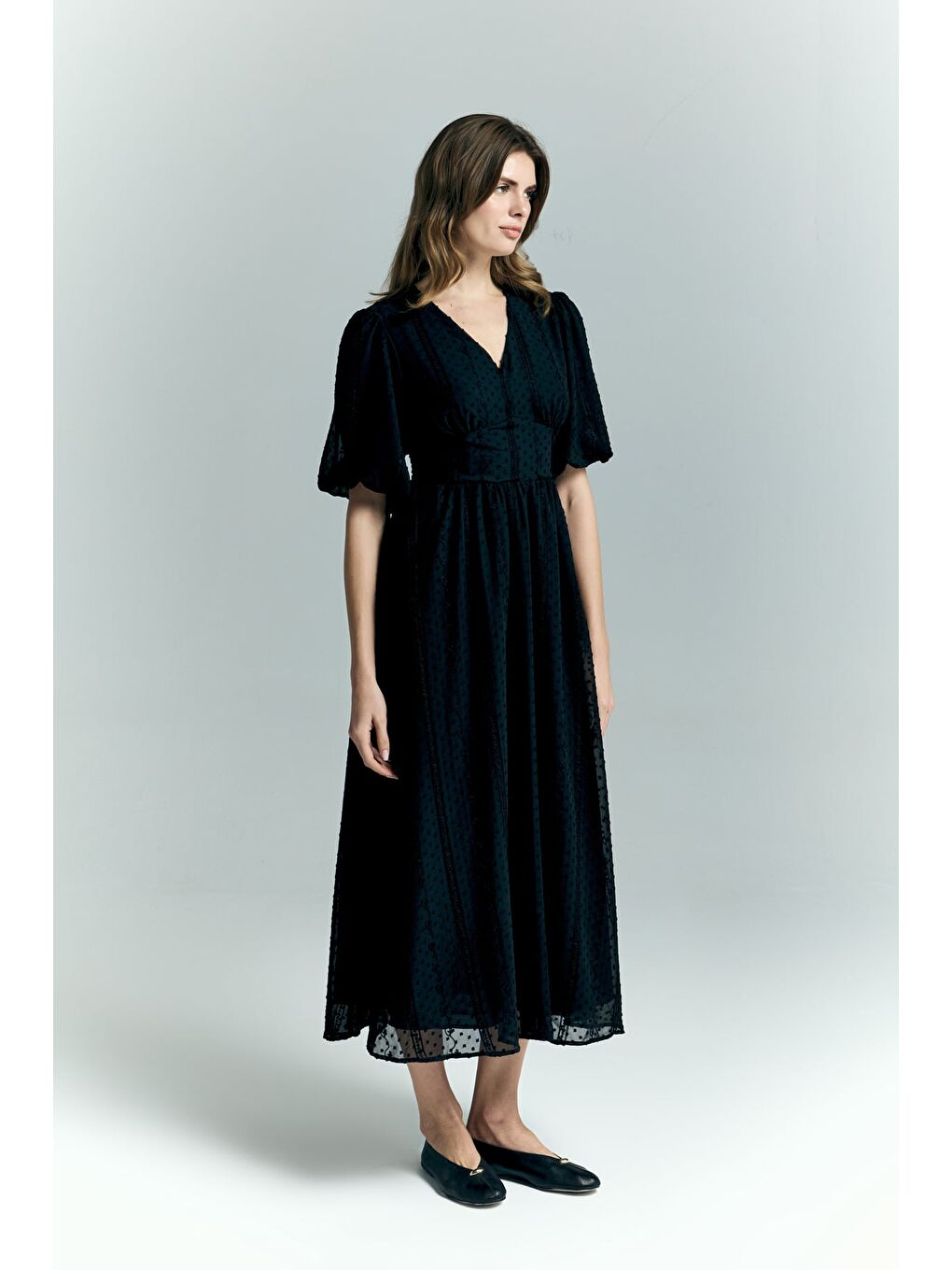 Kabarık Kollu Uzun Elbise - Siyah-1