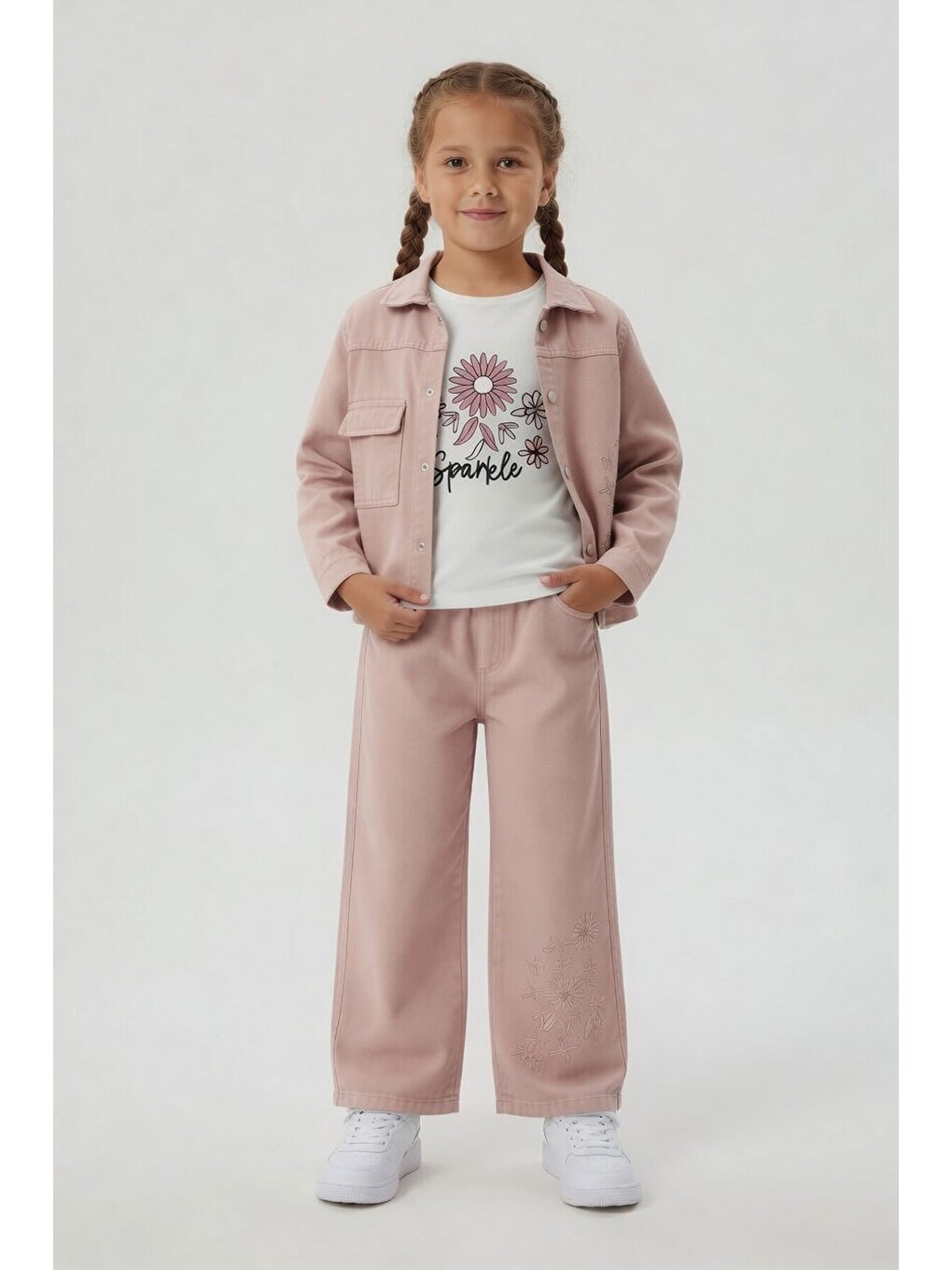 Pembe Gül Kurusu Çiçek İşlemeli Ceketli Pantolonlu Kız Çocuk Tişörtlü 3lü Takım 24123-3