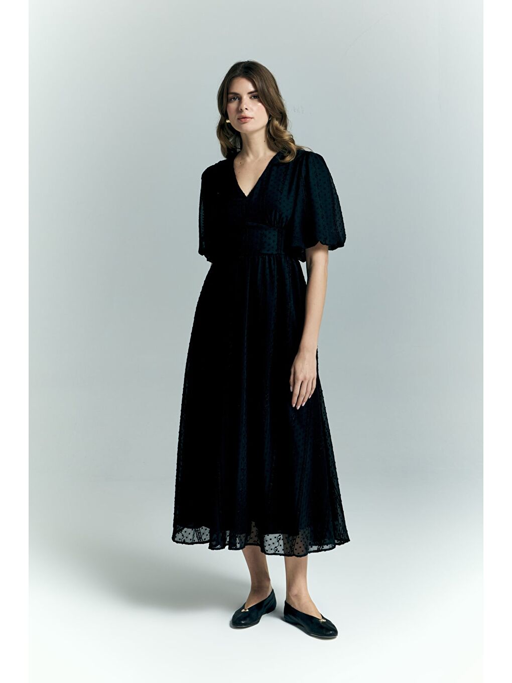 Kabarık Kollu Uzun Elbise - Siyah-2