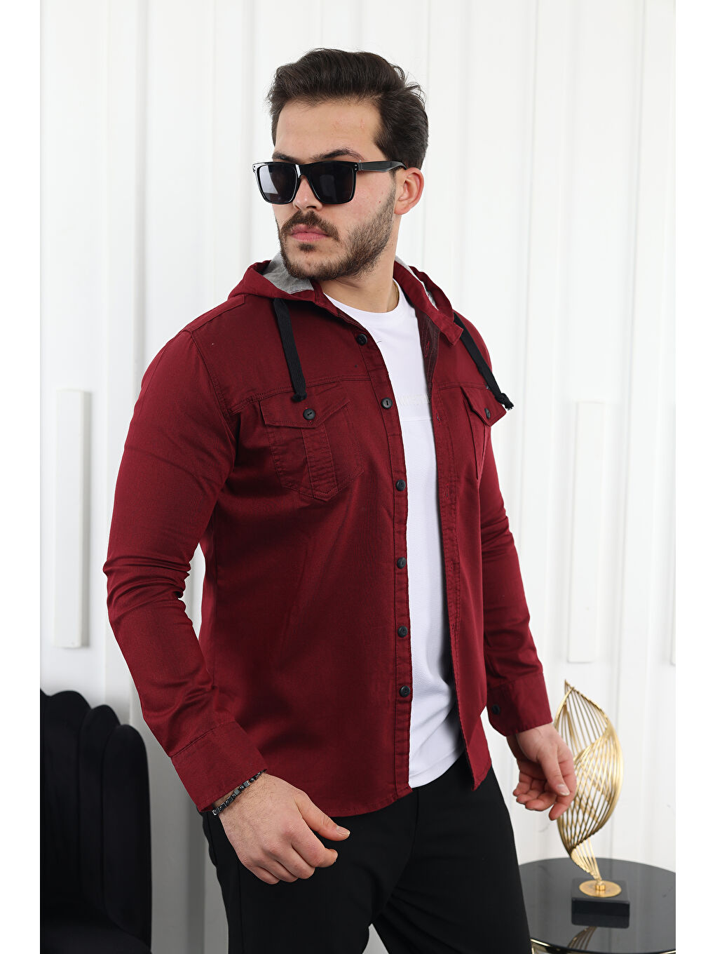 Bordo Erkek Slim Fit Dar Kalıp Kapüşonlu Jean Gömlek-2