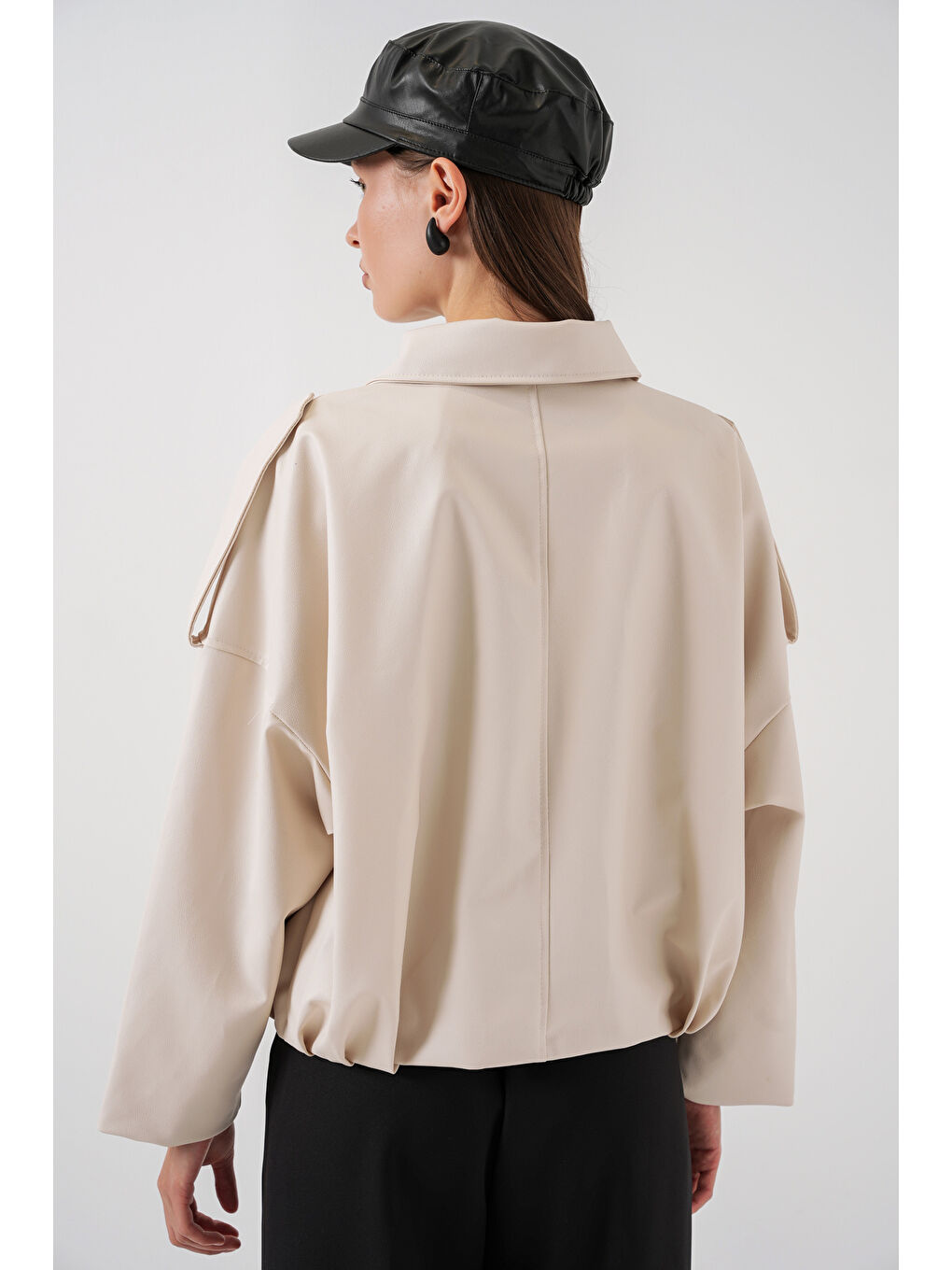 Kadın Oversize Deri Ceket 1055 - Ekru-6