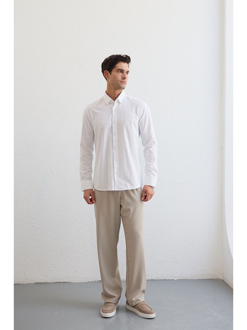 Beyaz Turi Erkek Pamuk Gömlek Modern Slim Fit Keten Görünümlü Uzun Kol-1