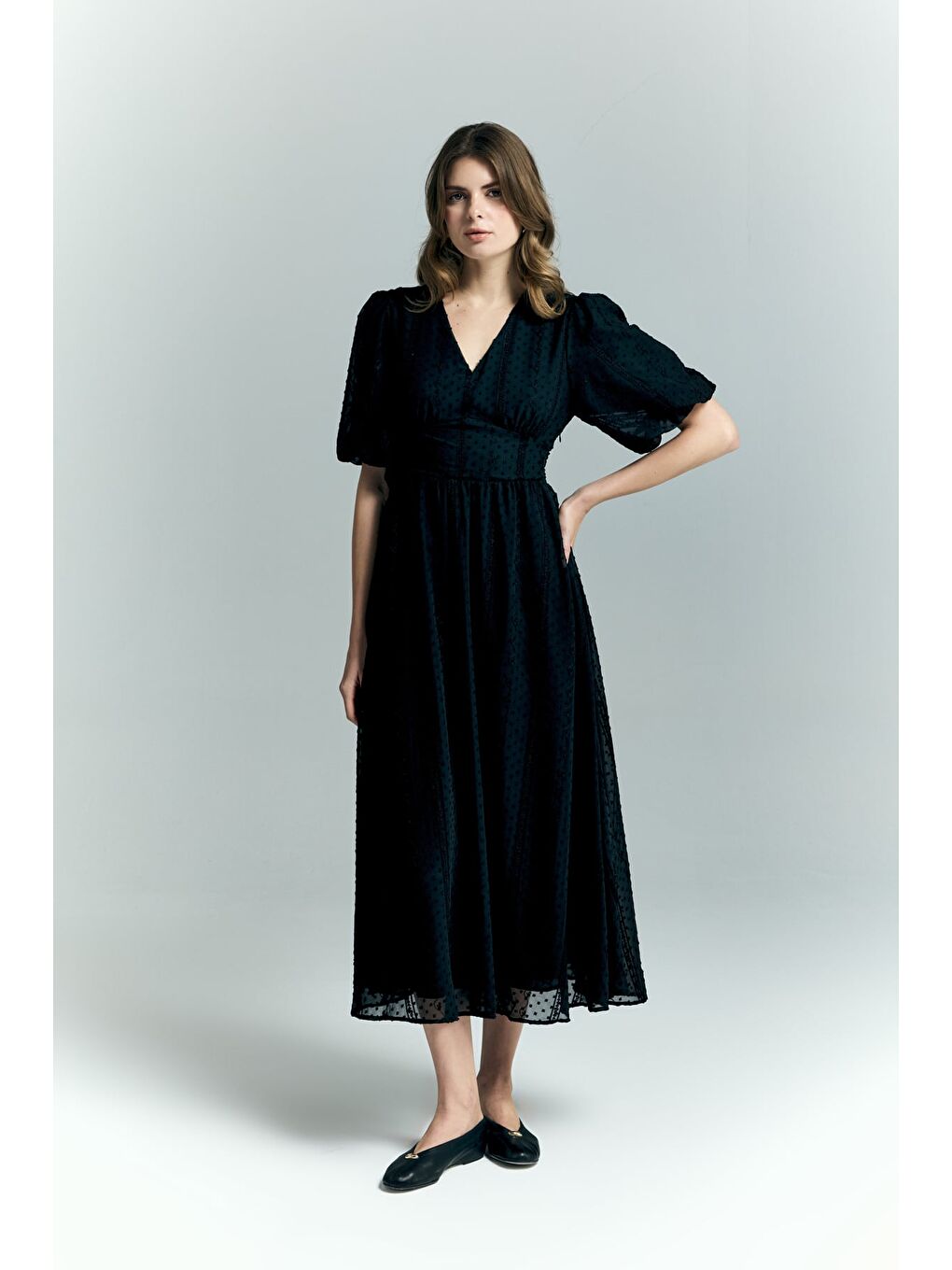 Kabarık Kollu Uzun Elbise - Siyah-3