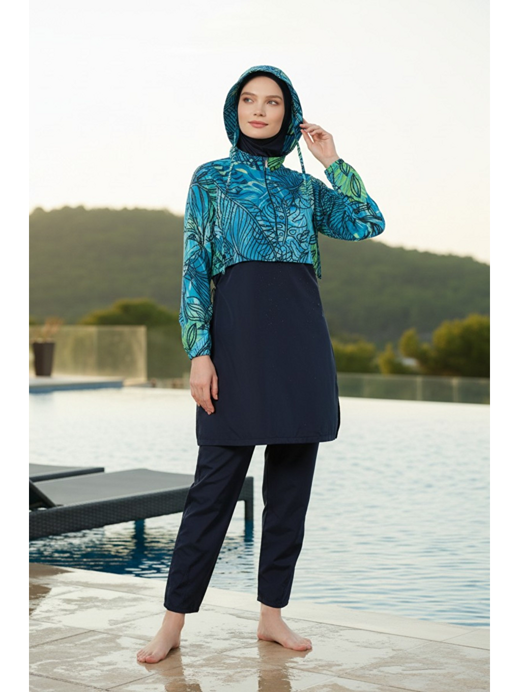 Lacivert Hızlı Kuruyan Paraşüt Kumaş 5 Parça Tam Kapalı Tesettür Mayo 25344