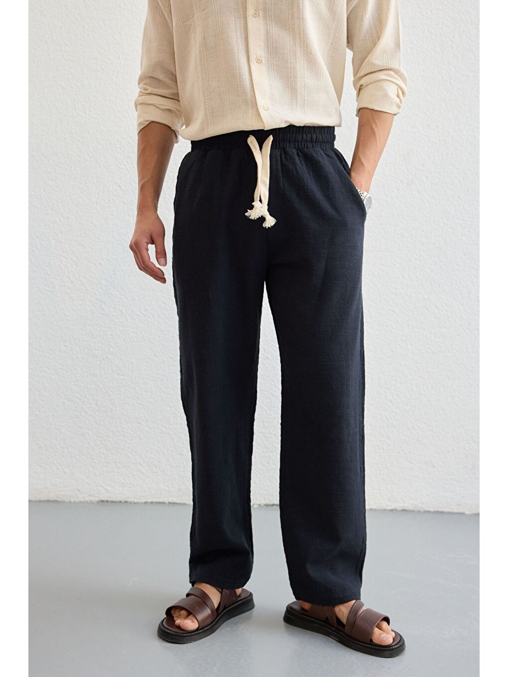 Lacivert Abay Erkek Keten İpli Baggy Pantolon-4