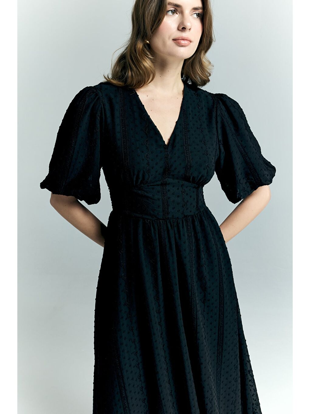 Kabarık Kollu Uzun Elbise - Siyah-4