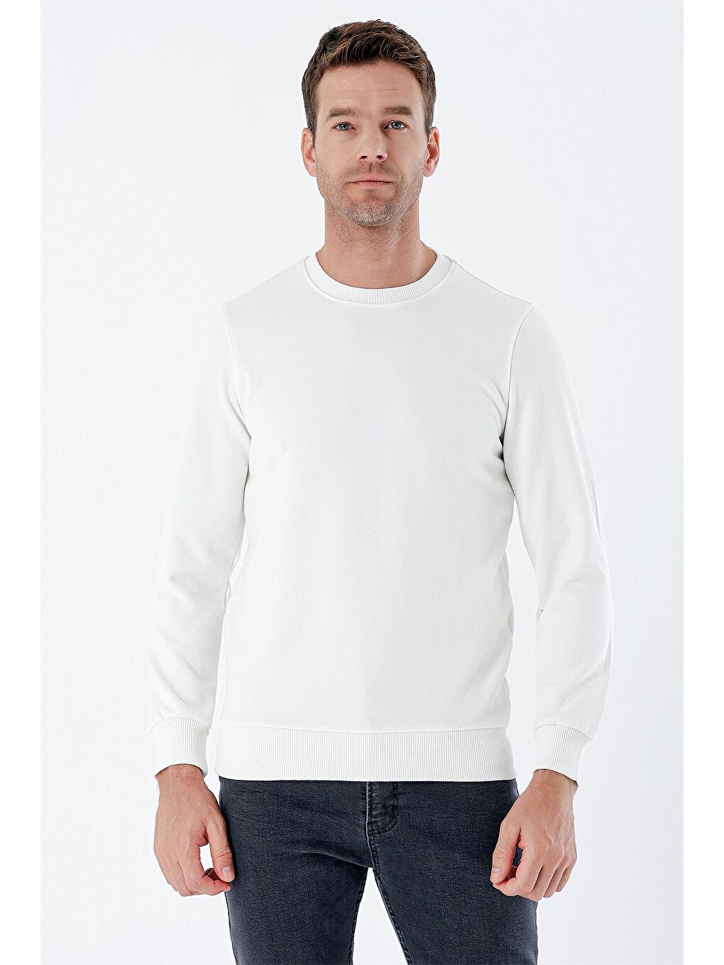 Ekru Uzun Kollu  Örme Bisiklet Yaka   Elastanlı Casual Comfort Fit Sweatshirt 1013235103