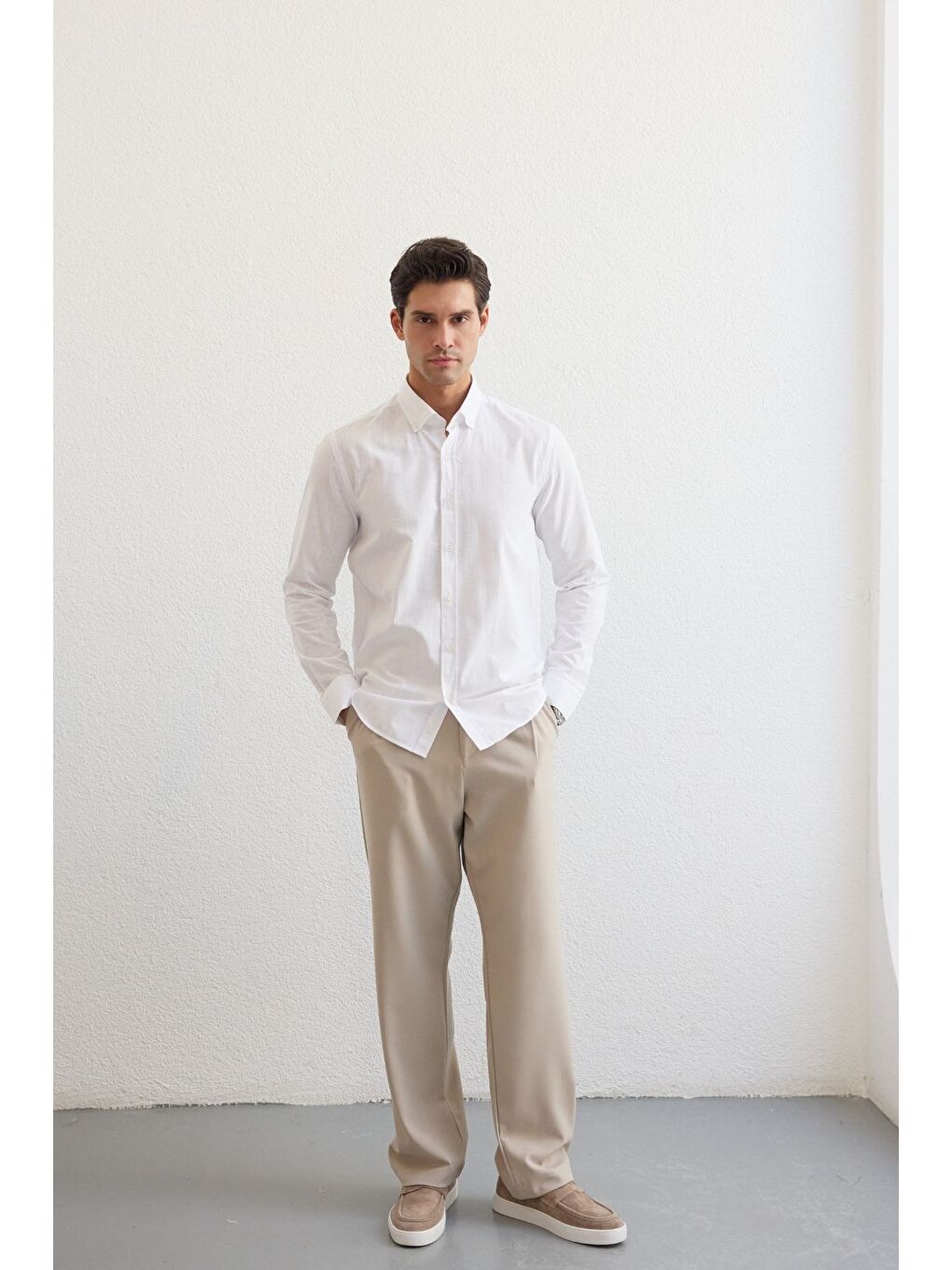 Beyaz Turi Erkek Pamuk Gömlek Modern Slim Fit Keten Görünümlü Uzun Kol-2
