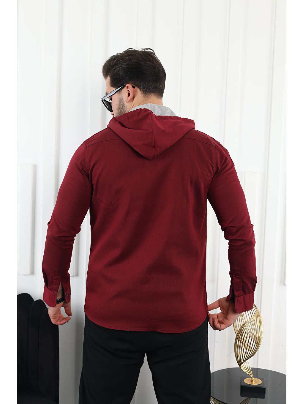 Bordo Erkek Slim Fit Dar Kalıp Kapüşonlu Jean Gömlek-3