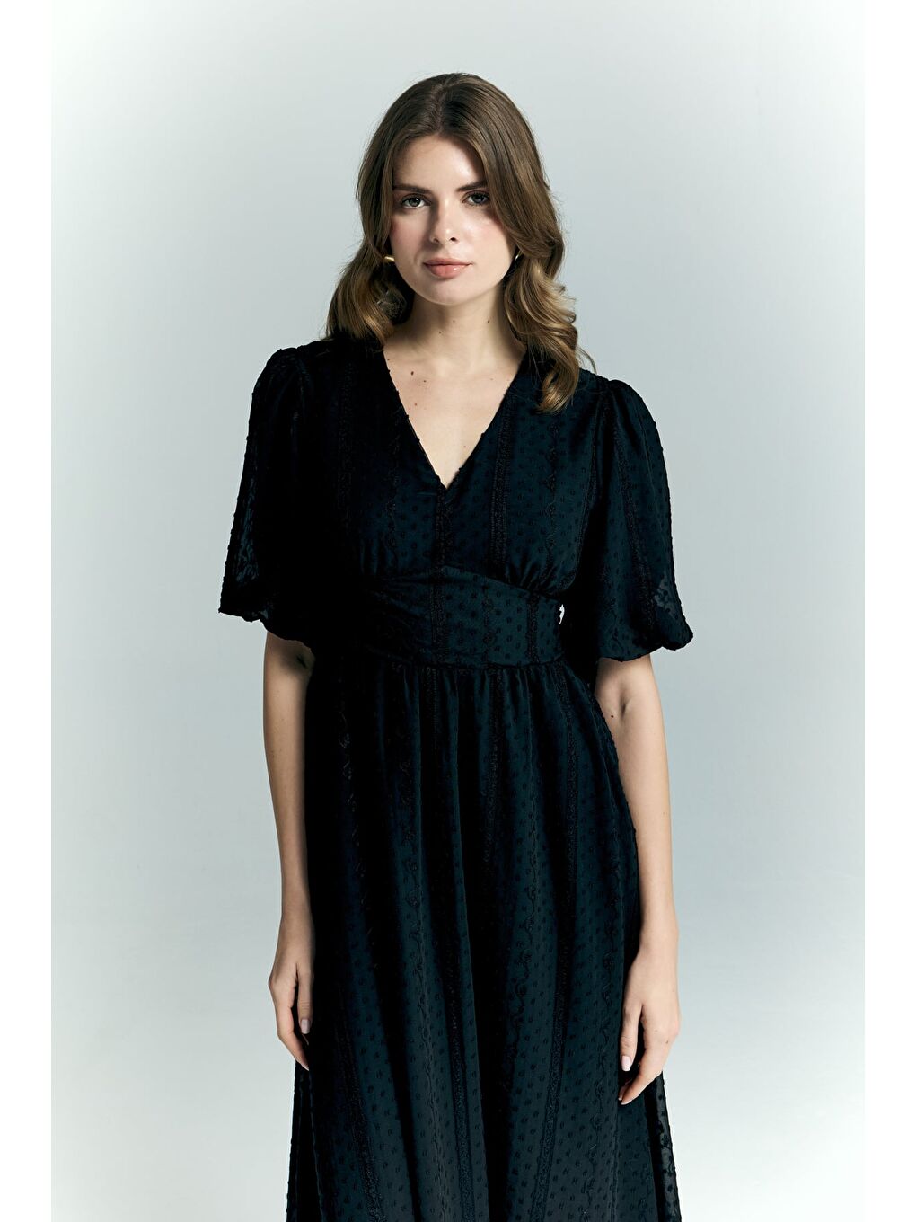 Kabarık Kollu Uzun Elbise - Siyah-5