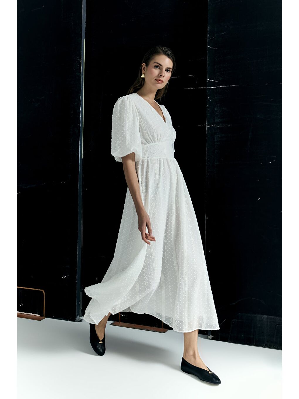 Kabarık Kollu Uzun Elbise - Ekru