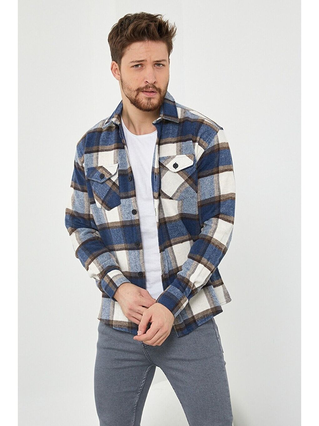 Tarz Cool Mavi Kahverengi Erkek Slim Fit Düğmeli Yaka Çift Cepli Oduncu Ekose Gömlek