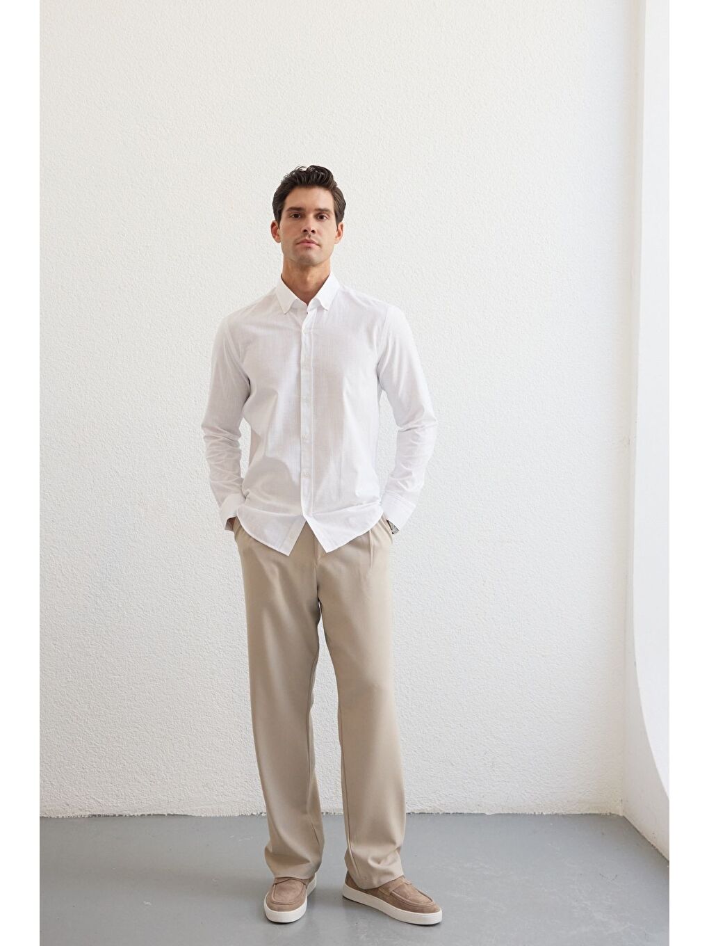 Beyaz Turi Erkek Pamuk Gömlek Modern Slim Fit Keten Görünümlü Uzun Kol-3