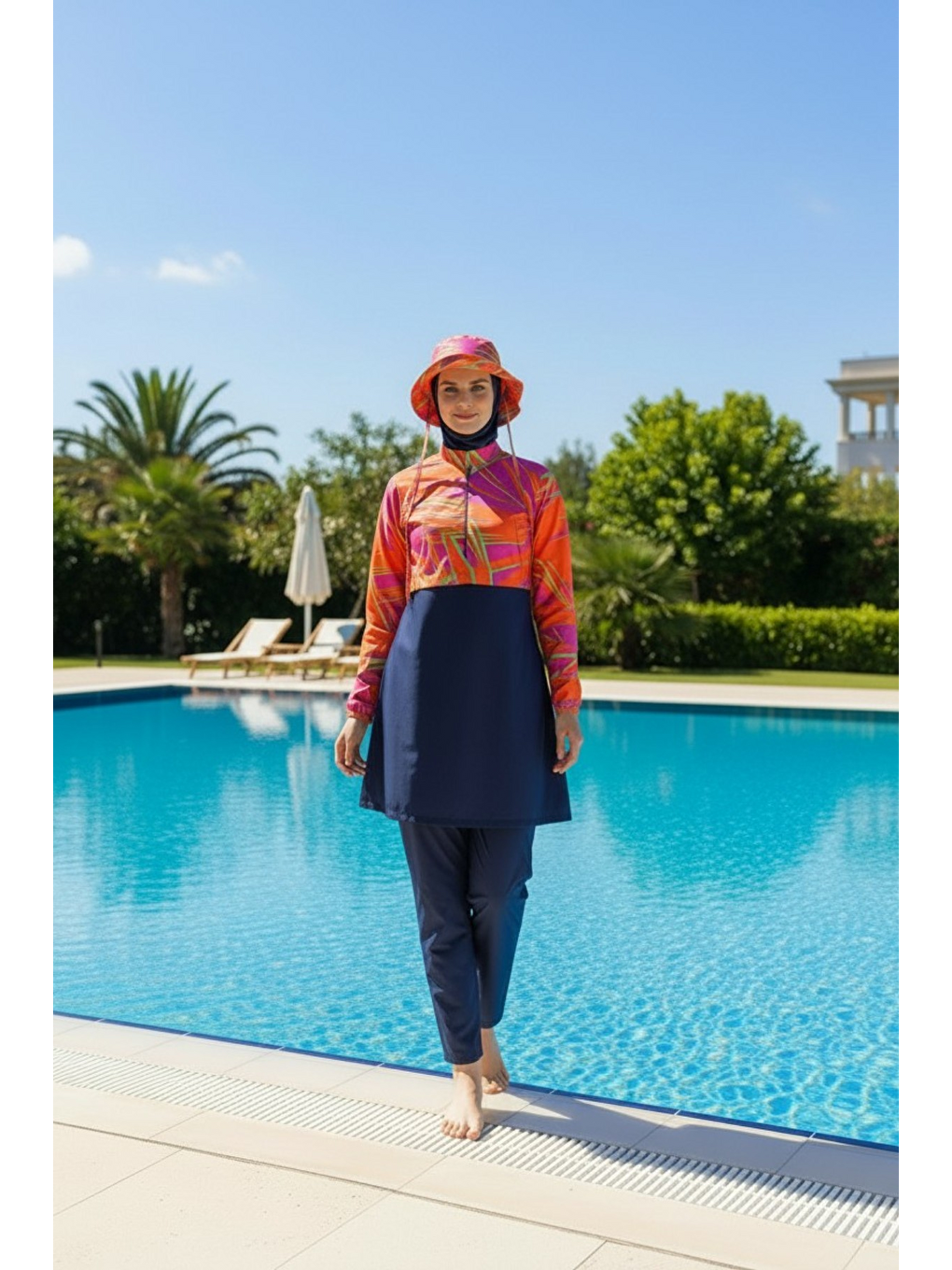 Lacivert Hızlı Kuruyan Paraşüt Kumaş 5 Parça Tam Kapalı Tesettür Mayo 25342-1