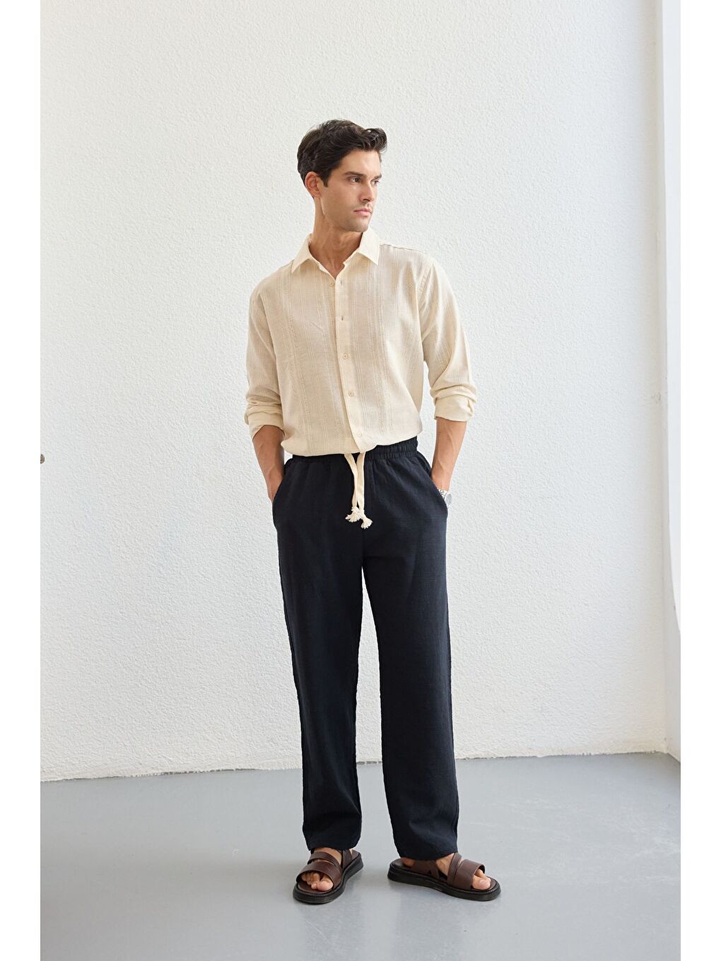 Lacivert Abay Erkek Keten İpli Baggy Pantolon-5