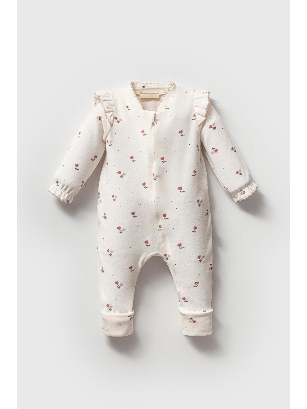 Kız Bebek Organik Pamuklu Ekru Çiçek Desenli Fırfır Kollu Tulum - Rahat Ve Şirin-1