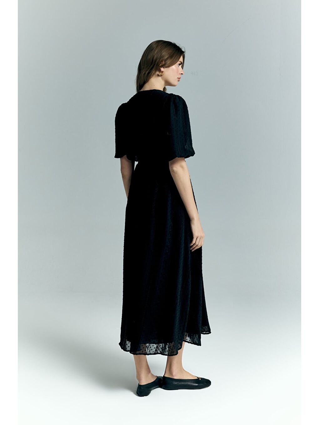 Kabarık Kollu Uzun Elbise - Siyah-7