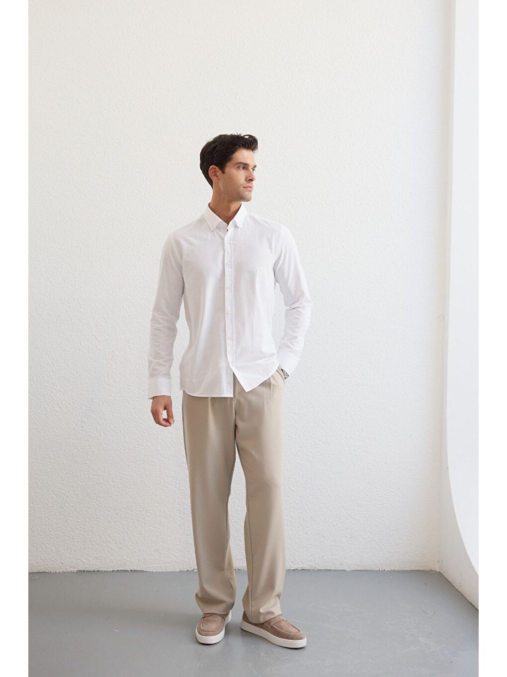 Beyaz Turi Erkek Pamuk Gömlek Modern Slim Fit Keten Görünümlü Uzun Kol-4