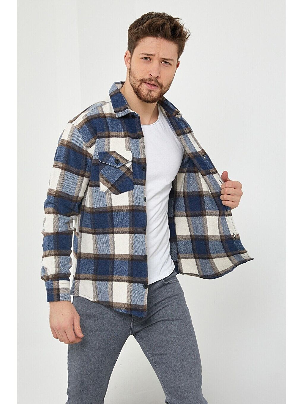 Tarz Cool Mavi Kahverengi Erkek Slim Fit Düğmeli Yaka Çift Cepli Oduncu Ekose Gömlek - 2