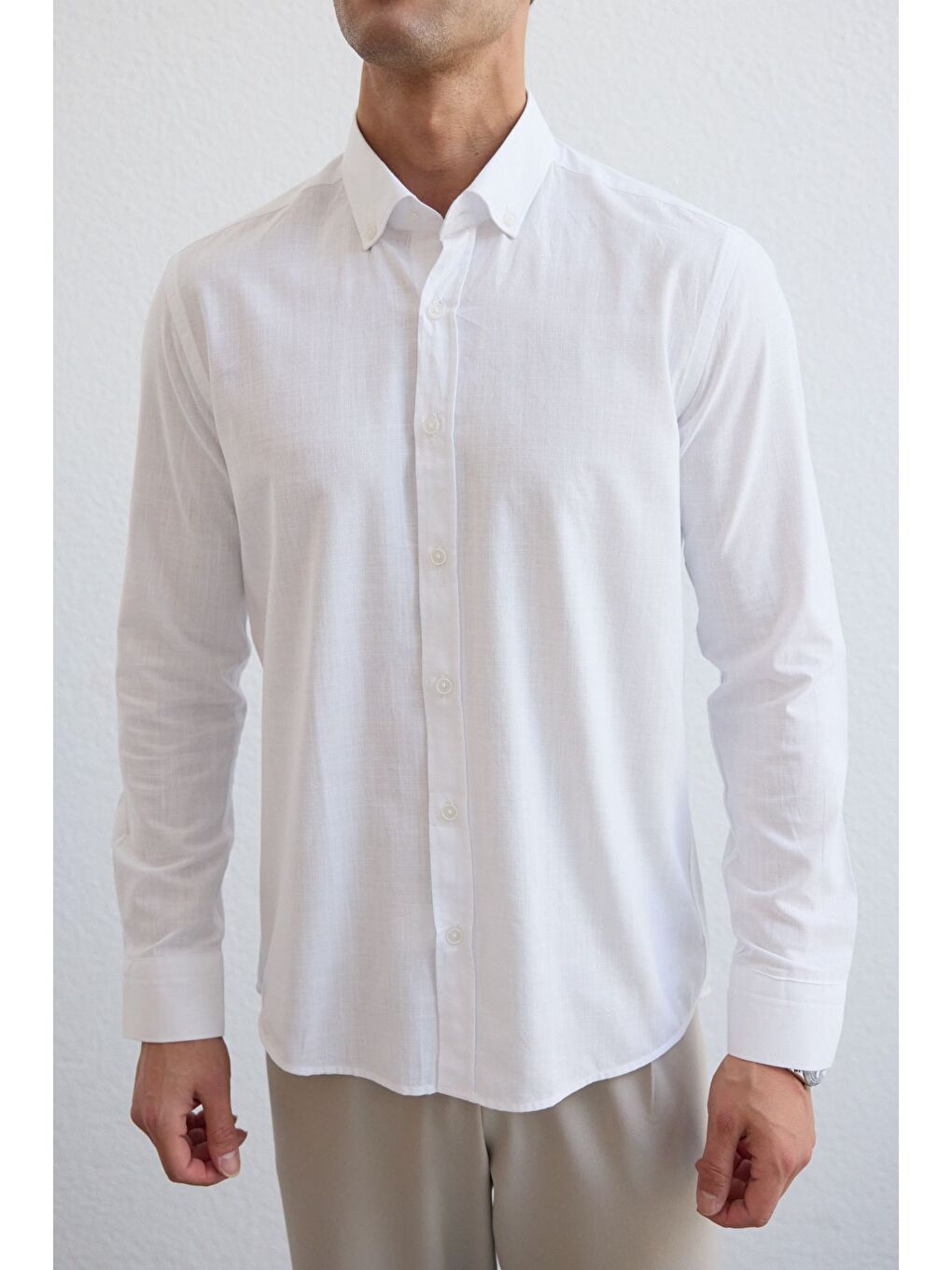 Beyaz Turi Erkek Pamuk Gömlek Modern Slim Fit Keten Görünümlü Uzun Kol-5