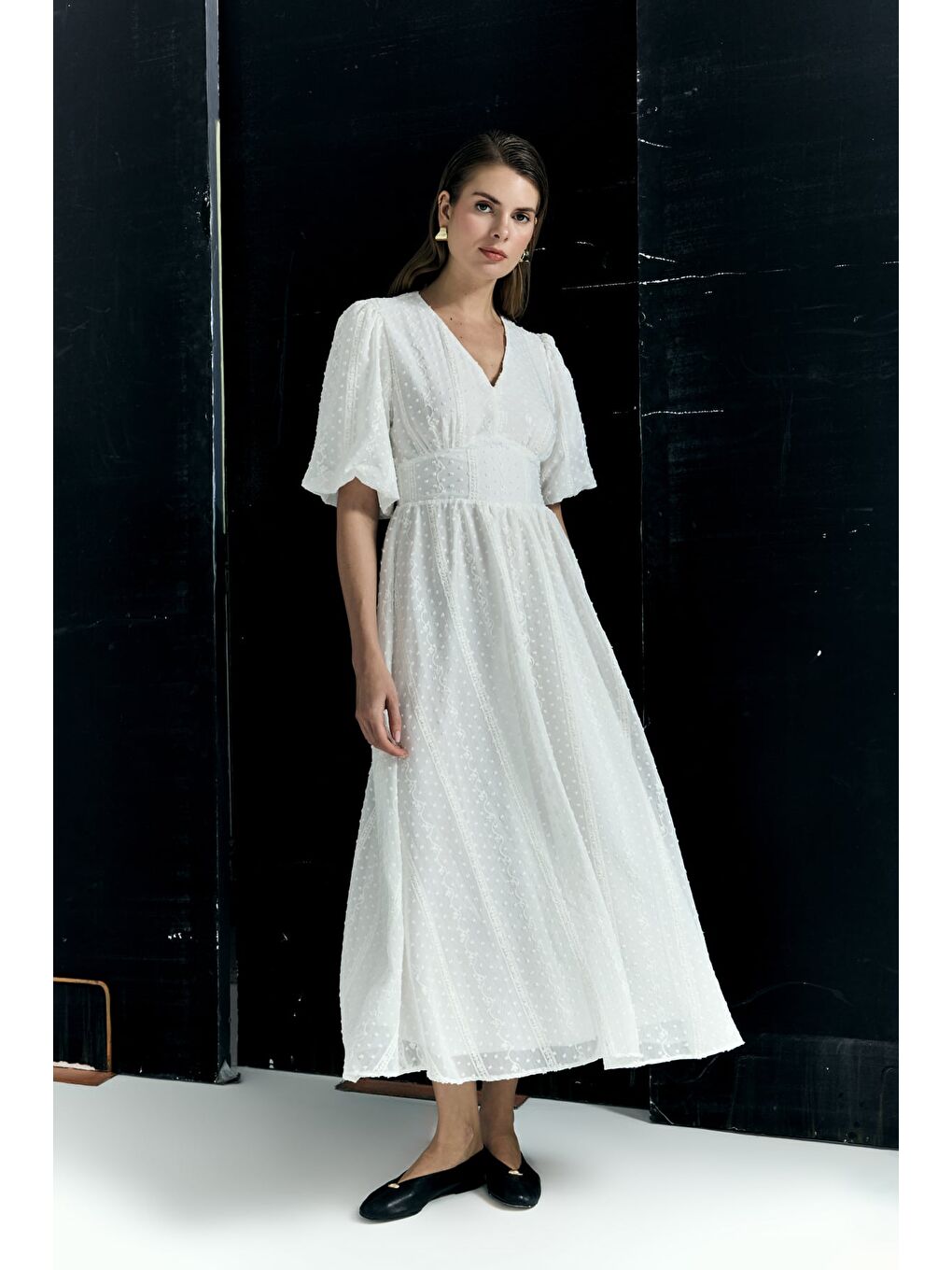 Kabarık Kollu Uzun Elbise - Ekru-1