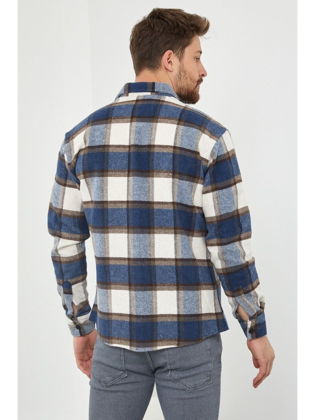 Tarz Cool Mavi Kahverengi Erkek Slim Fit Düğmeli Yaka Çift Cepli Oduncu Ekose Gömlek - 3