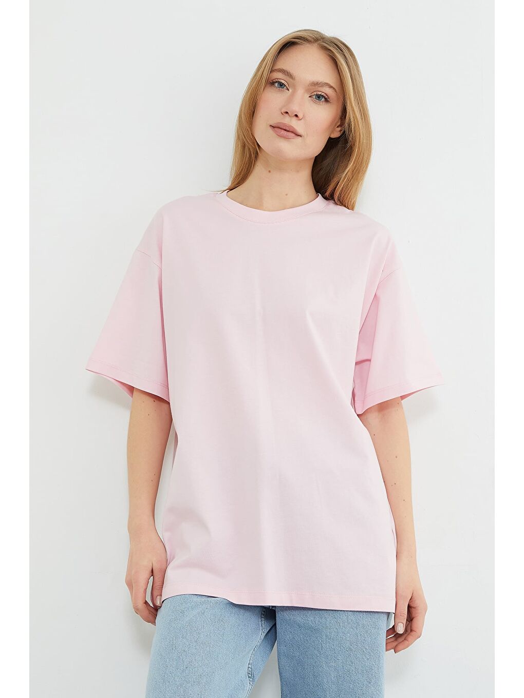 Pembe Basic Bisiklet Yaka Oversize Tişört-1