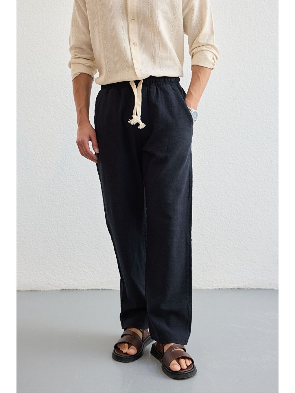 Lacivert Abay Erkek Keten İpli Baggy Pantolon-6