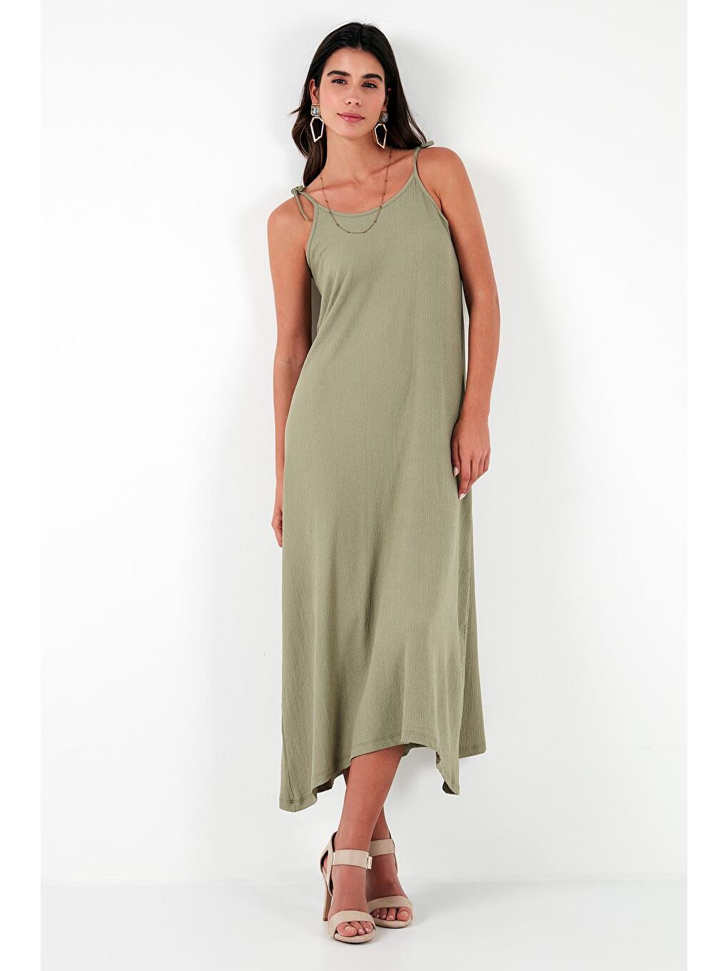 Yeşil Regular Fit İp Askılı Uzun Kadın Elbise 5865732-2