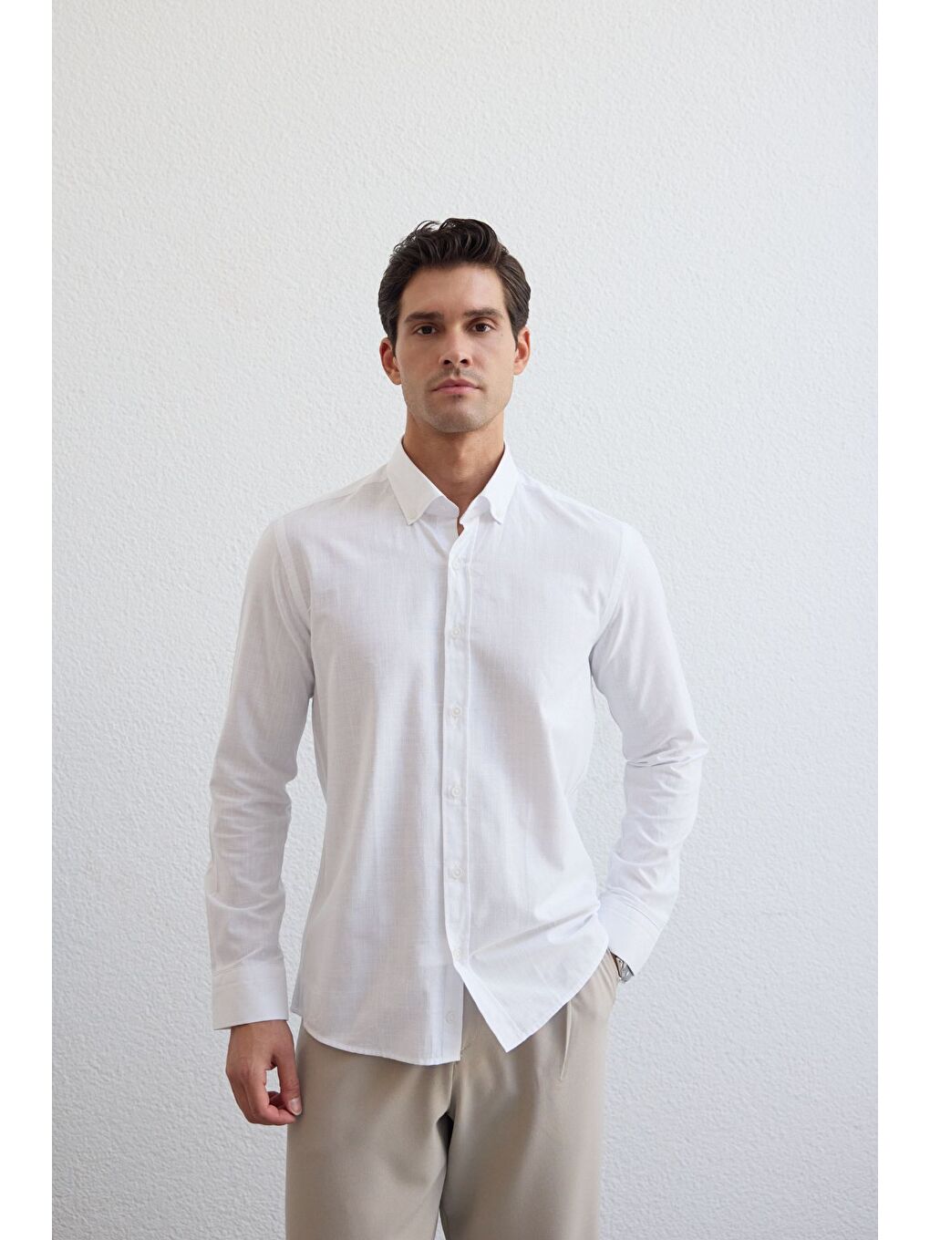 Beyaz Turi Erkek Pamuk Gömlek Modern Slim Fit Keten Görünümlü Uzun Kol-6