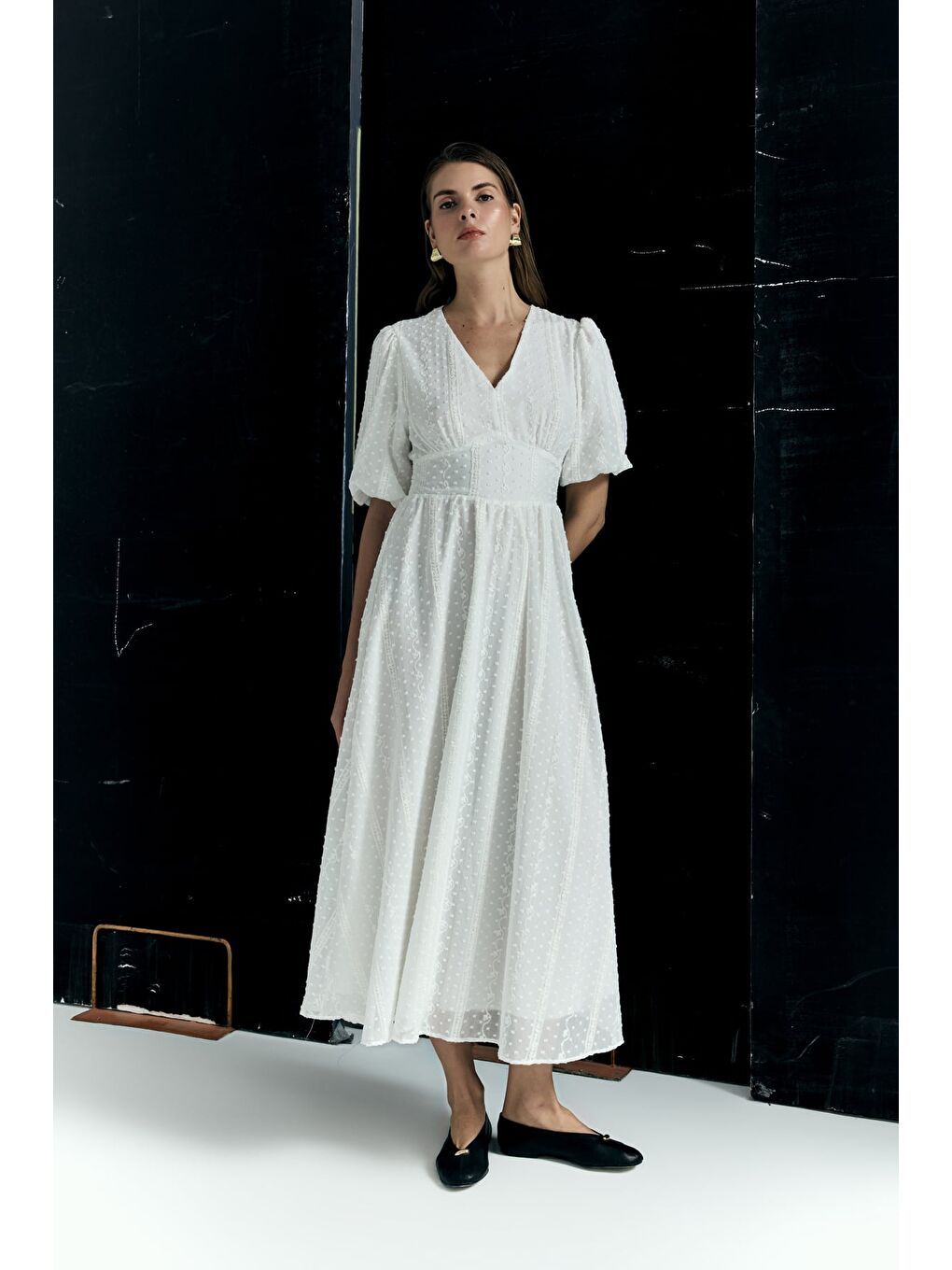 Kabarık Kollu Uzun Elbise - Ekru-2
