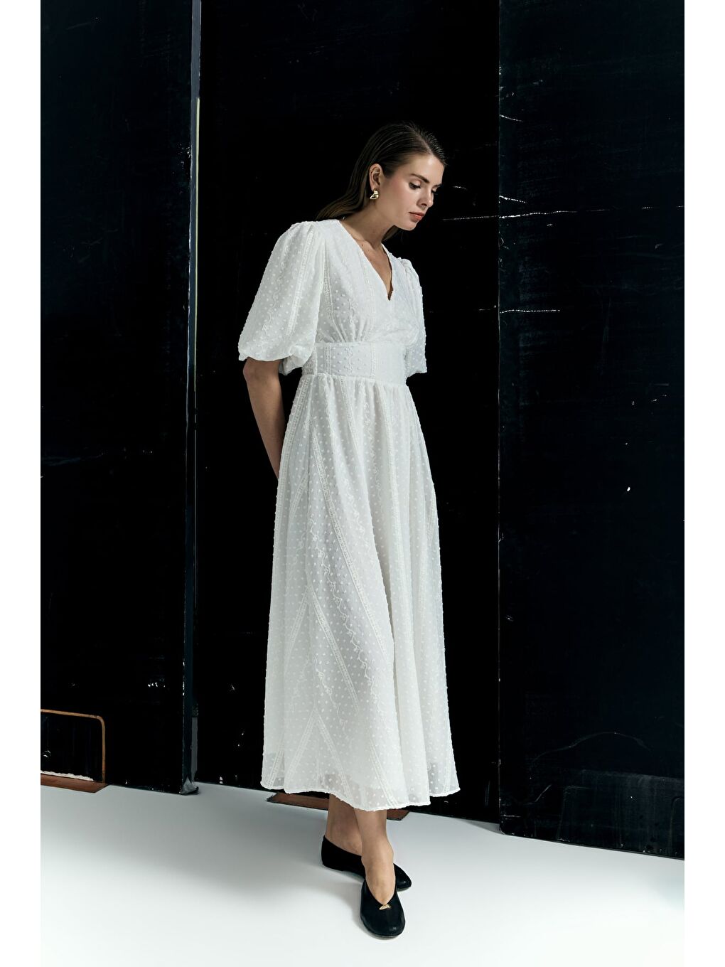 Kabarık Kollu Uzun Elbise - Ekru-3
