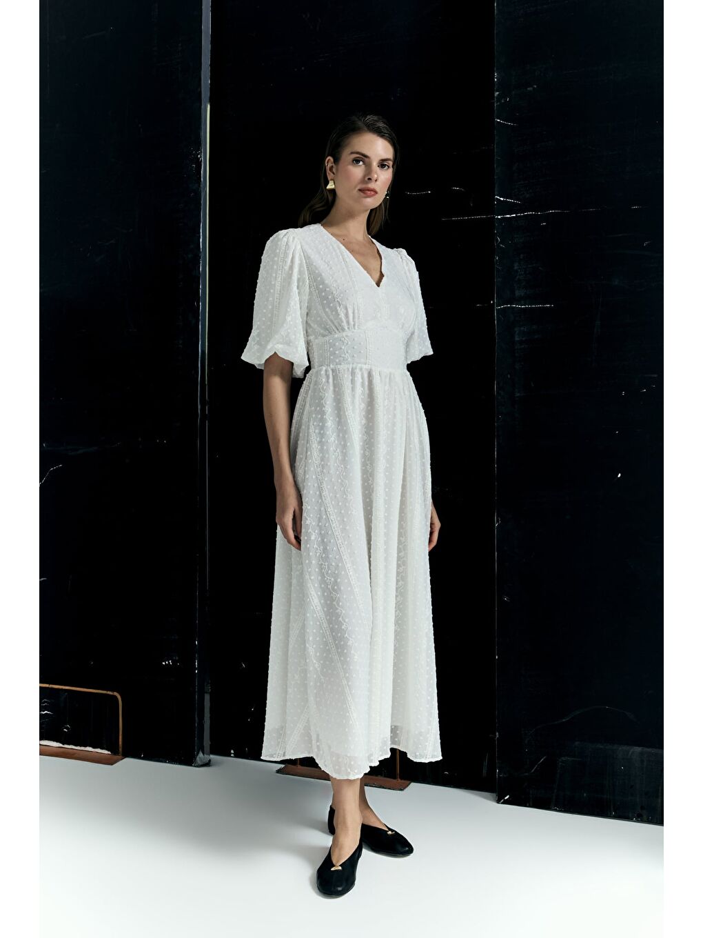 Kabarık Kollu Uzun Elbise - Ekru-4
