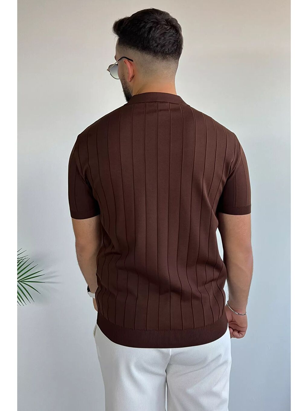 Kahverengi Polo Yaka Yarım Fermuarlı Erkek Triko Tişört-3