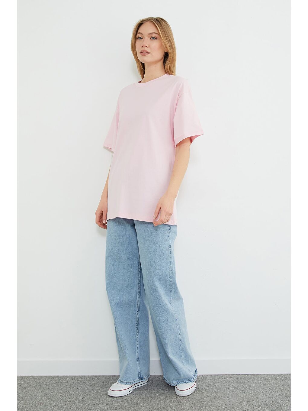 Pembe Basic Bisiklet Yaka Oversize Tişört-2