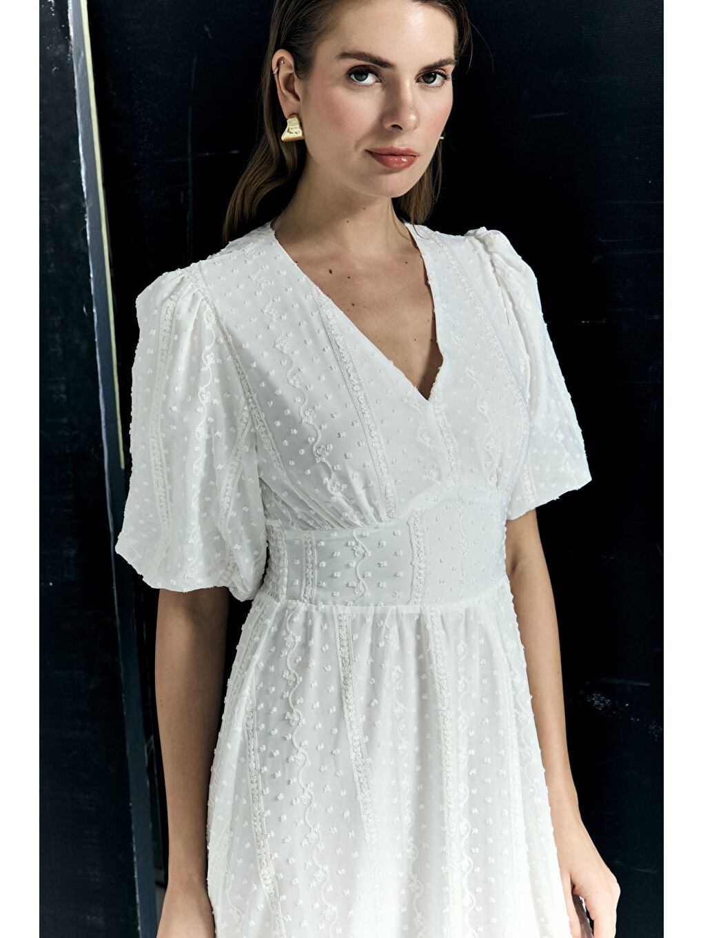 Kabarık Kollu Uzun Elbise - Ekru-5