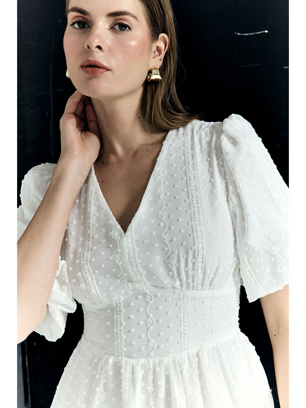 Kabarık Kollu Uzun Elbise - Ekru-6