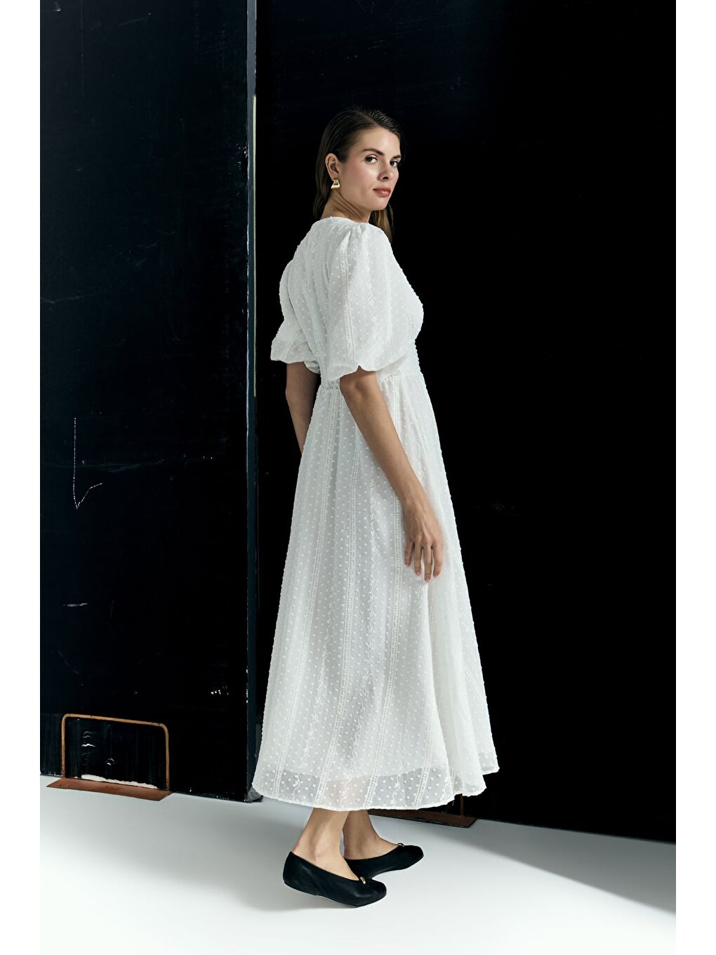 Kabarık Kollu Uzun Elbise - Ekru-7